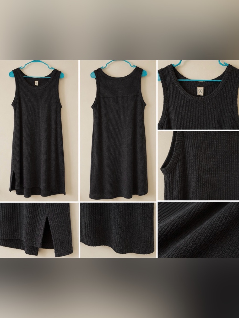 Charcoal Gray Ribbed Sleeveless Midi Dress with Side Slit